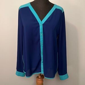 Women's Silk Button-Down Color Block Long Sleeve Top